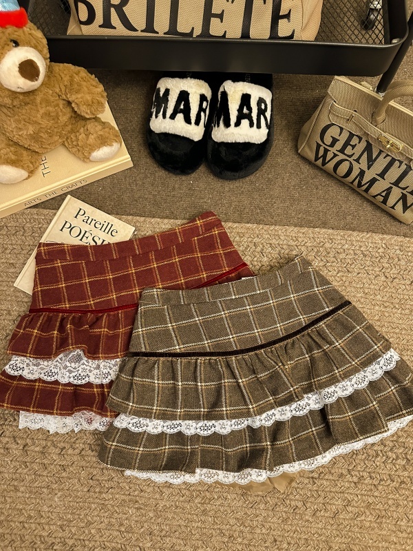 Sweet woolen plaid lace fluffy cake skirt autumn and winter high-waisted A-line skirt