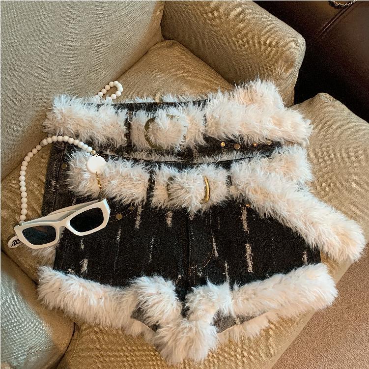 Autumn and winter retro denim high waist furry shorts