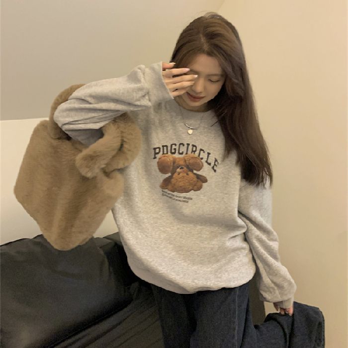Women's velvet thickened printed sweatshirt loose Korean style fashionable jacket