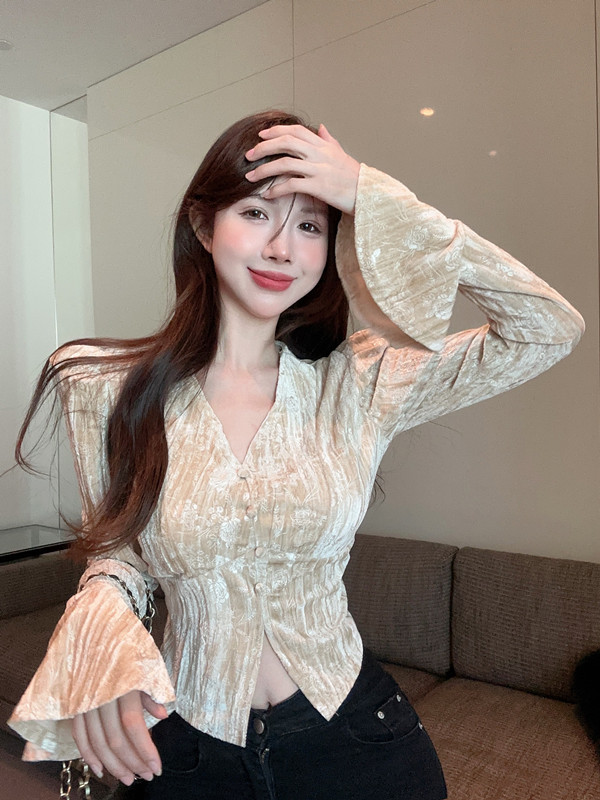 French V-neck shirt for women, niche style gold velvet bottoming shirt, slim inner top