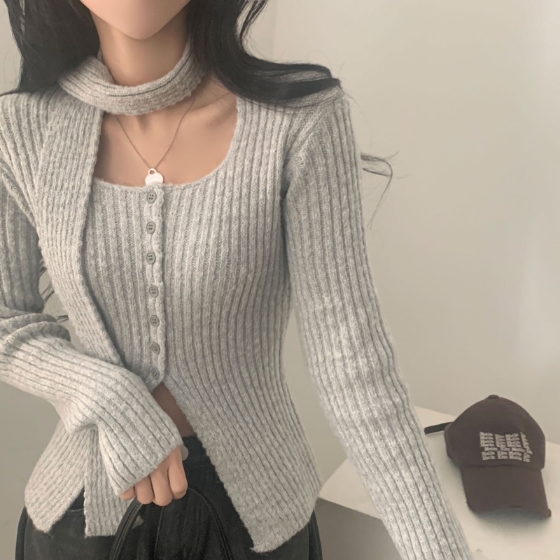 Korean chic winter multi-button round neck slit streamer long-sleeved sweater