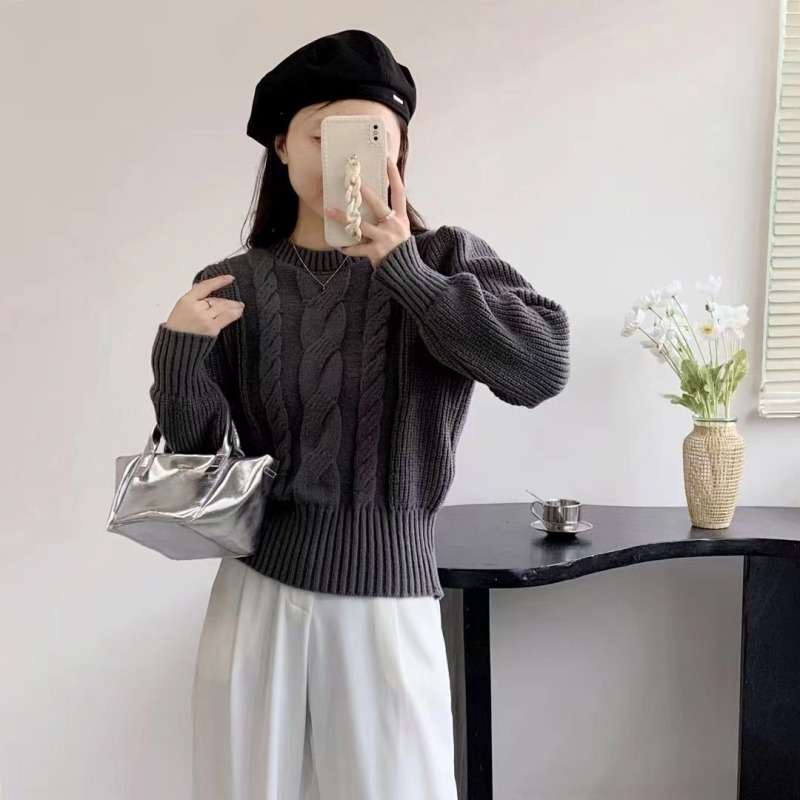 Retro threaded twist short knitted sweater for women in autumn and winter new high-waisted slimming design niche sweater