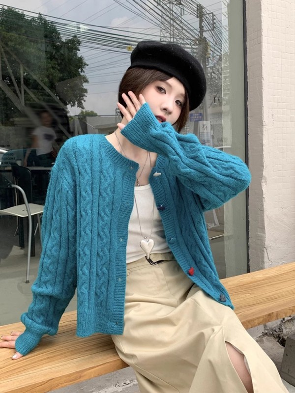 Korean style colorful love button twist sweater jacket for women in autumn and winter lazy loose knitted cardigan top