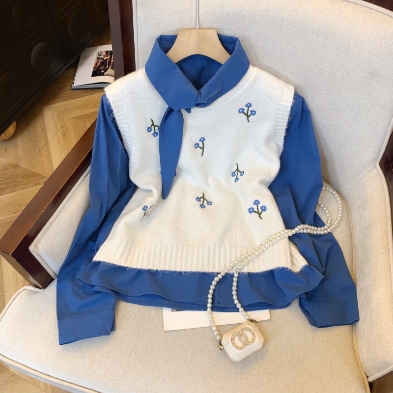 New autumn and winter jacquard knitted vest with fluttering tie shirt, elegant two-piece top for women