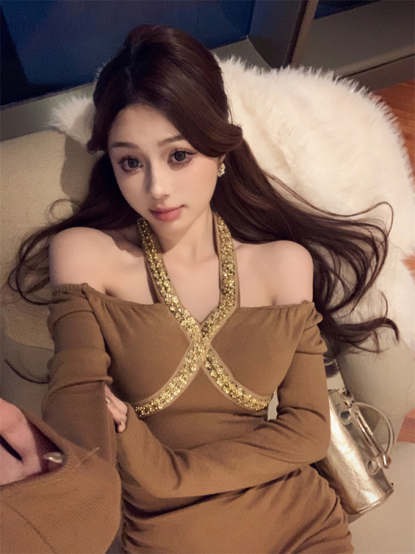 Hot girl pure lust style sexy halterneck diamond-encrusted long-sleeved slim hip-hugging dress
