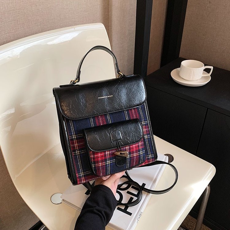 Niche design retro unique red and blue checkered backpack textured horn buckle backpack practical single shoulder crossbody bag