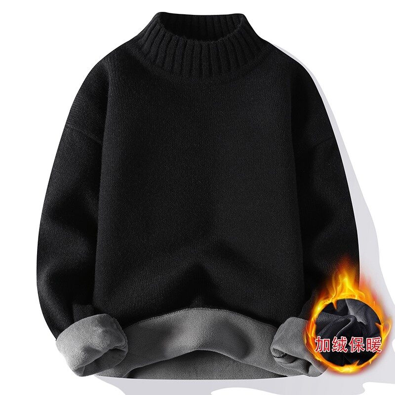 Solid color turtleneck sweater for men in winter plus velvet and thickened wasteland style sweater for men loose lazy style retro sweater