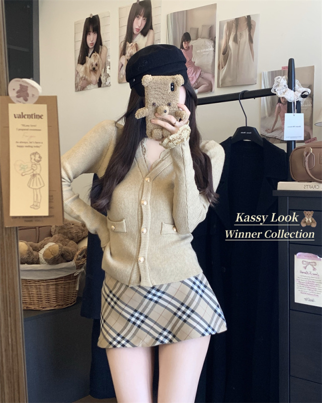 2024 new style slimming V-neck lace small fragrance sweater cardigan
