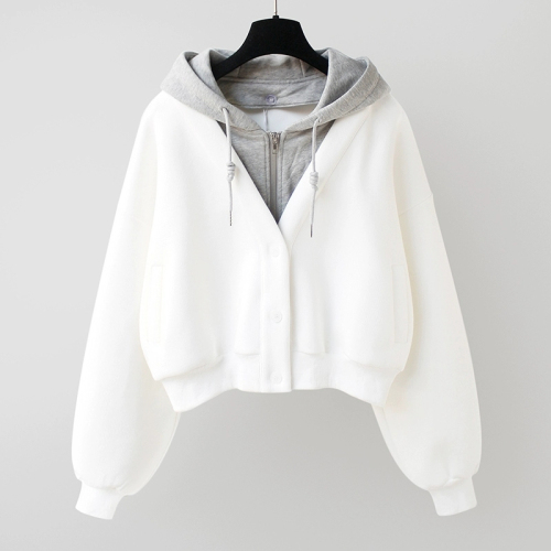 Hooded fake two-piece short sweatshirt for women Korean style stitching design niche cardigan jacket for small people