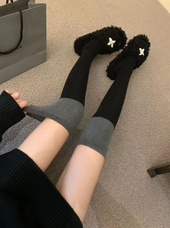 Women's color-blocked socks, mid-calf black and gray spliced ​​long-tube over-the-knee half-calf black calf socks