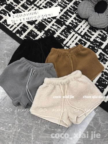 New winter lamb wool shorts, fashionable drawstring plush shorts