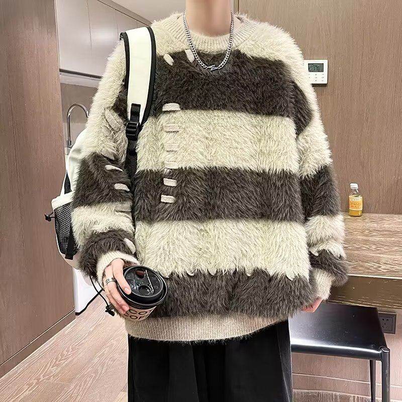 Striped sweater men's autumn and winter new Japanese retro high-end knitted sweater loose casual lazy style soft waxy sweater