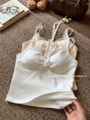 DeRong Warm Lace Camisole with Breast Pads Women's Autumn and Winter Slim Fit Hot Girl Tops