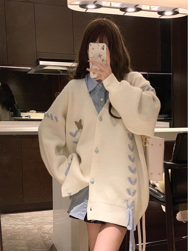 Korean style lazy college style strappy soft waxy knitted cardigan jacket for women to wear outer sweater long-sleeved shirt top