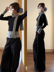 Korean chic black fake two-piece contrasting color long-sleeved T-shirt for women autumn new irregular top ➕ scarf