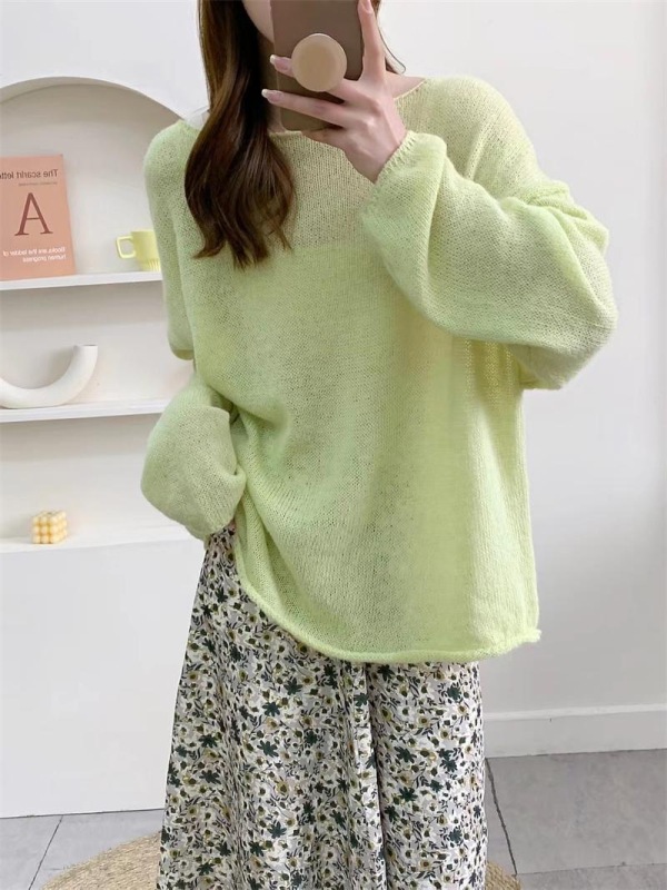 French gentle style pink mohair round neck sweater Korean style lazy pullover versatile sweater for women