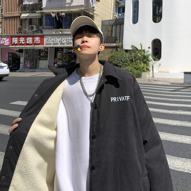 Japanese winter new trendy brand loose lamb wool coach jacket men's lapel workwear plus velvet jacket special batch
