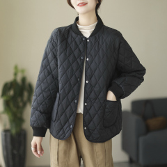 Large size quilted jacket autumn and winter rhombus lightweight loose solid color cotton jacket down cotton jacket