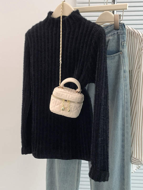 Soft and gentle sweater for winter, new mink velvet knitted half-high collar with velvet thickened bottoming shirt