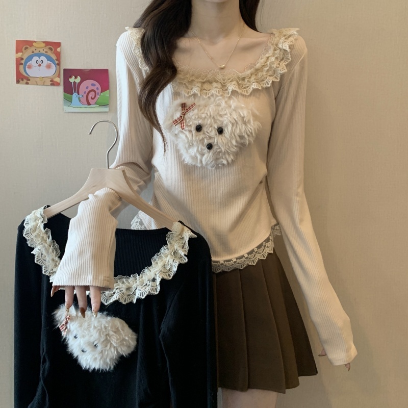 Korean pure lust lace spliced ​​square collar three-dimensional dog decoration short slim long-sleeved sweater