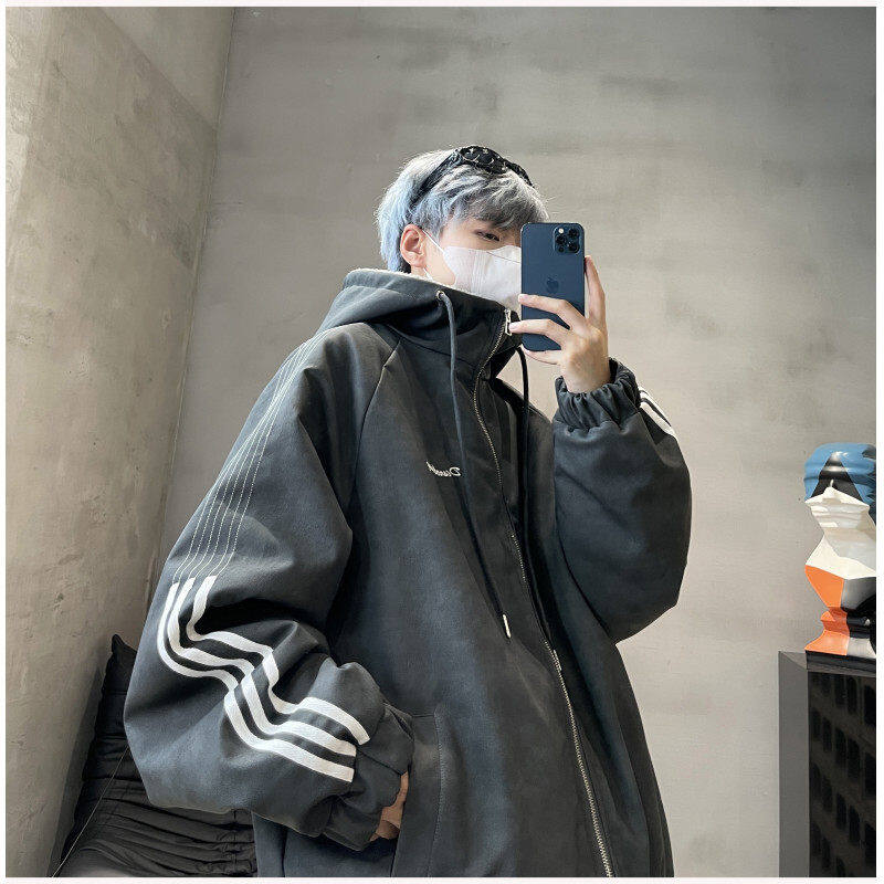 Maillard three-stripe cotton coat for men in winter thickened lamb velvet all-match cotton coat American trendy brand hooded couple coat