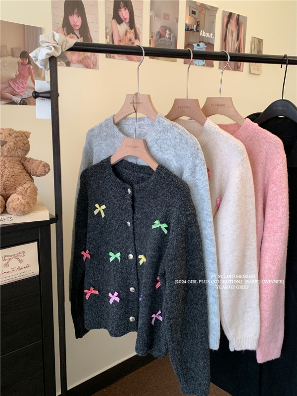 Korean style age-reducing colorful bow sweater cardigan gentle style knitted short coat