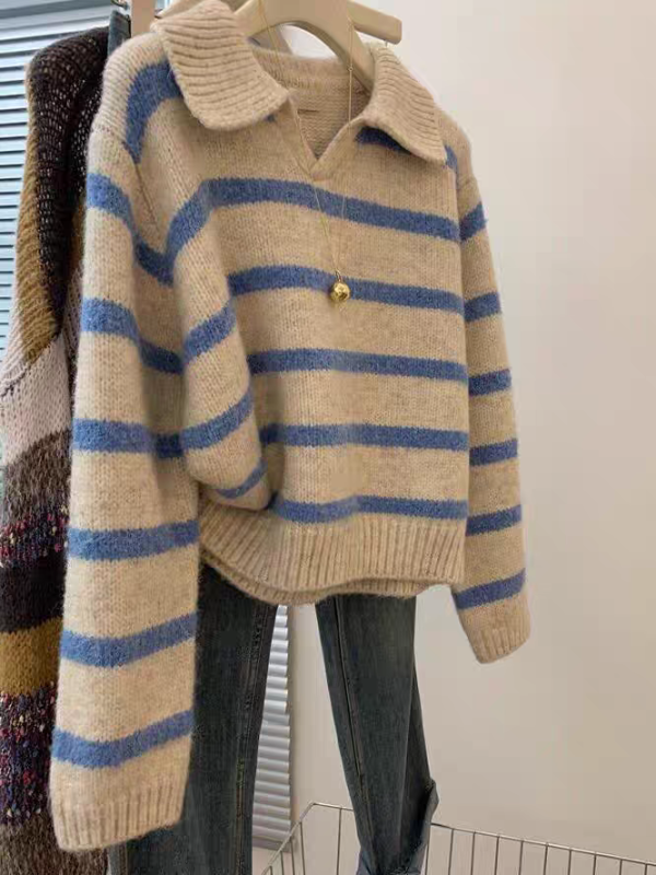 Blue striped POLO collar pullover sweater for women, autumn and winter new style, lazy, soft and waxy design sweater, worn inside and outside