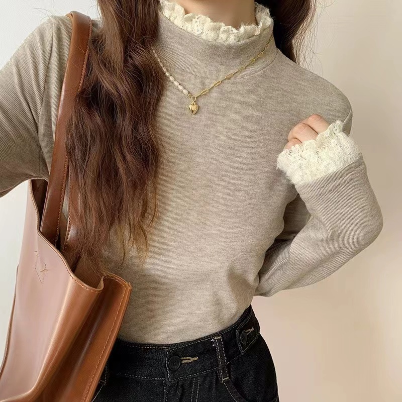 Original quality German velvet bottoming shirt for women half turtleneck autumn and winter new long-sleeved T-shirt lace style inner wear