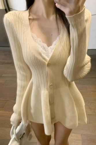 Pure lust style V-neck long-sleeved knitted dress slim-fitting short skirt single-breasted waist A-line skirt