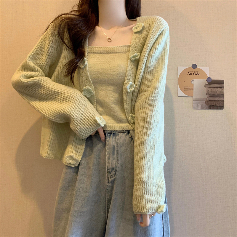 Korean style floral knitted cardigan + inner vest set