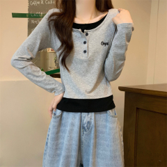 New version of Korean style fake two-piece color-blocked long-sleeved T-shirt