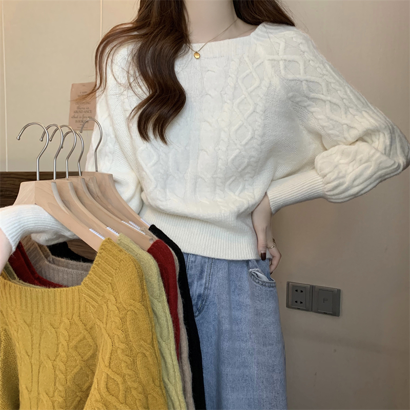 Korean style square collar slimming high quality twist knit sweater