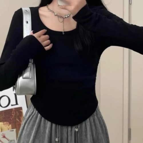 Official picture 1*1 threaded velvet chic U-neck side pleated brushed long-sleeved T-shirt women's base layer