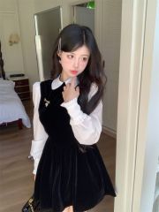 miu black and white color matching doll collar long-sleeved dress for women early autumn temperament short skirt