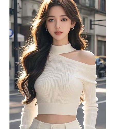 White halterneck sweater for women, new autumn and winter long-sleeved short off-shoulder top with base layer sweater