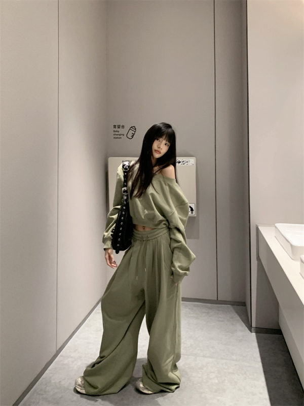 Autumn new style waist slimming slanted shoulder short sweatshirt + loose wide-leg sweatpants two-piece set