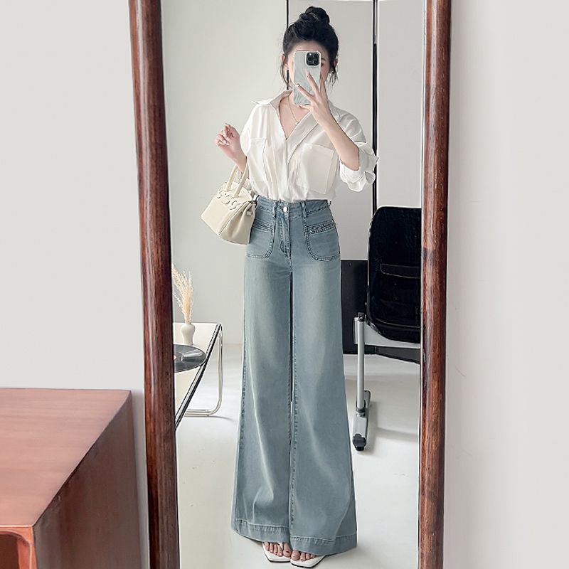 Lazy Hong Kong style wide-legged flared jeans for women, spring and autumn new style high-waisted slimming tall commuting floor mopping jeans