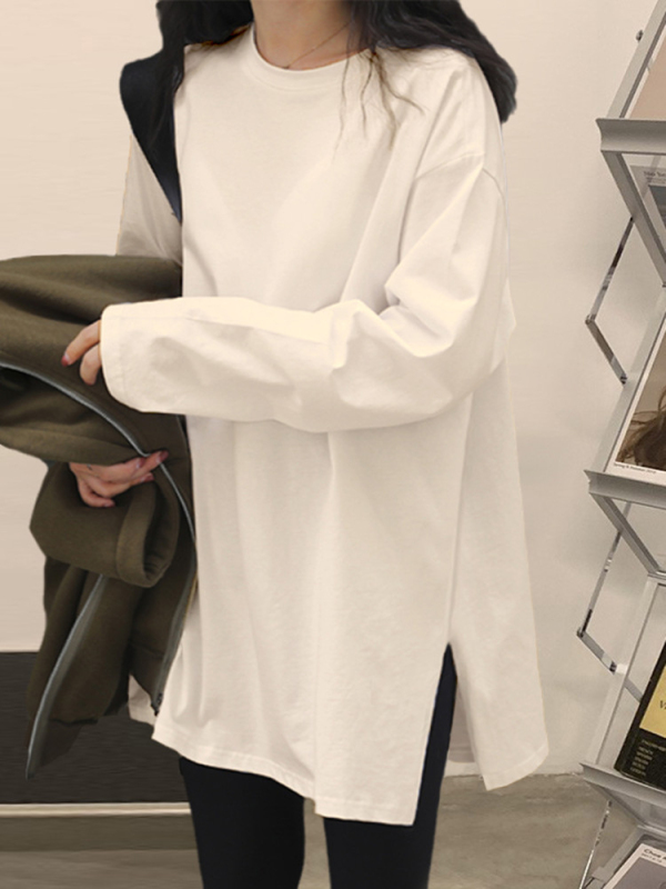 Spot German velvet white bottoming shirt for women with sweatshirt and velvet spring, autumn and winter mid-length slit T-shirt t loose top