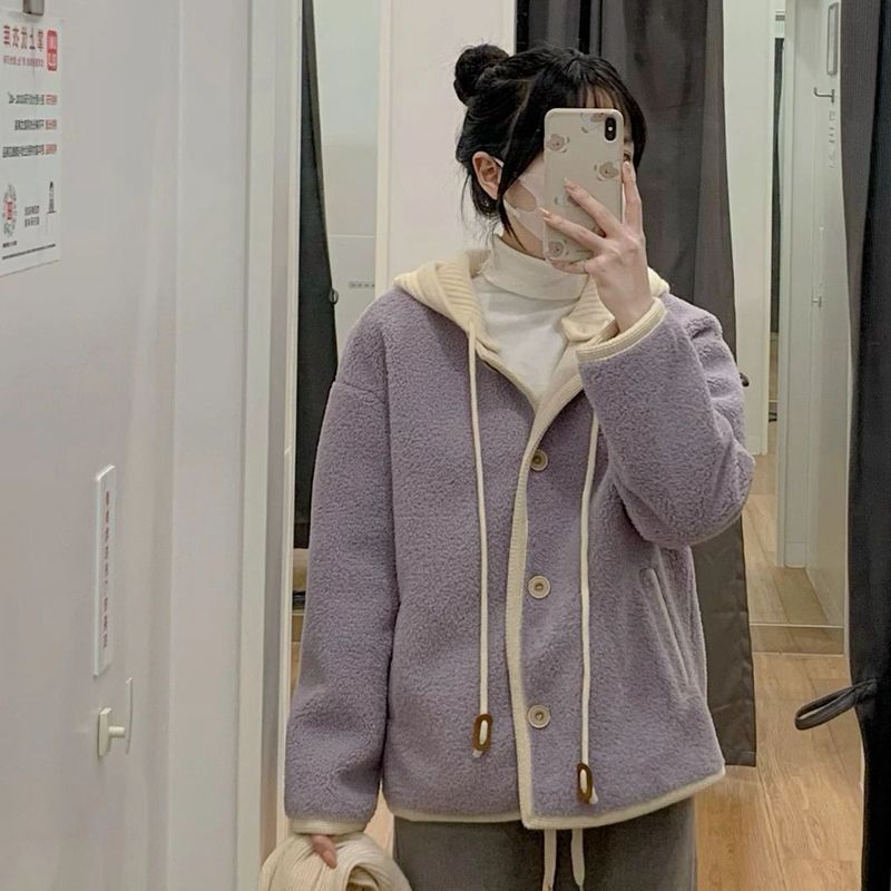 Korean fresh purple hooded lambswool coat for women in winter loose and fashionable age-reducing furry top