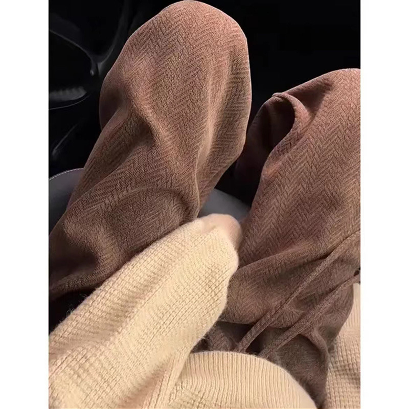 Herringbone pattern chenille plus velvet wide-leg pants for women in fall and winter high-waisted casual brown straight pants
