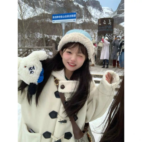 Lamb hair horn button coat for women winter mid-length retro loose gentle style velvet thickened coat