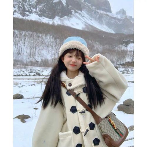 Lamb hair horn button coat for women winter mid-length retro loose gentle style velvet thickened coat