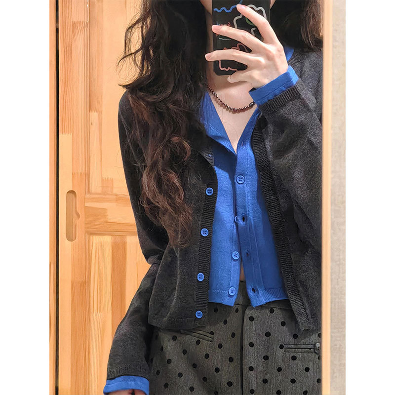 Retro fake two-piece contrasting color T-shirt cardigan for women early autumn new casual short top