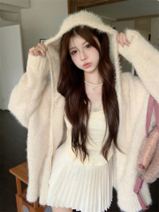 Cream lazy furry coat knitted hooded cardigan versatile for autumn and winter