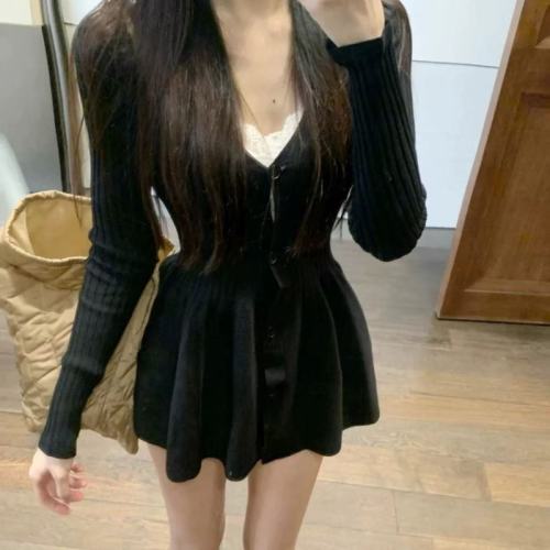 Pure lust style V-neck long-sleeved knitted dress slim-fitting short skirt single-breasted waist A-line skirt