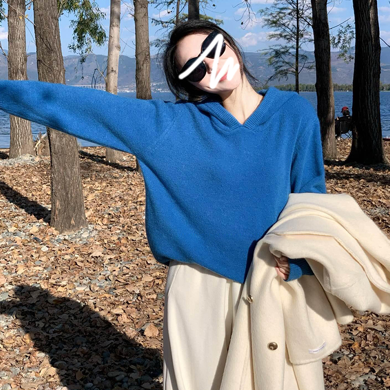 2024 New Autumn and Winter Blue Sweater Women's Autumn and Winter Lazy Style Design Niche Knitted Loose Top Jacket
