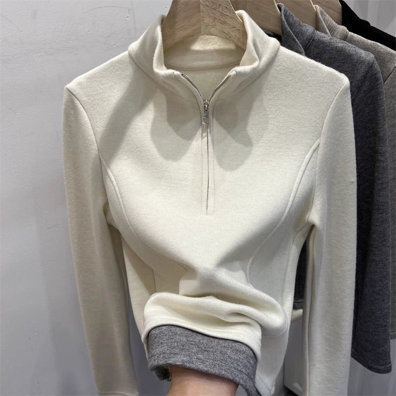 Korean design niche half-zip stand-collar long-sleeved T-shirt for women in autumn and winter, slim fit German velvet bottoming shirt for inner wear and outer wear