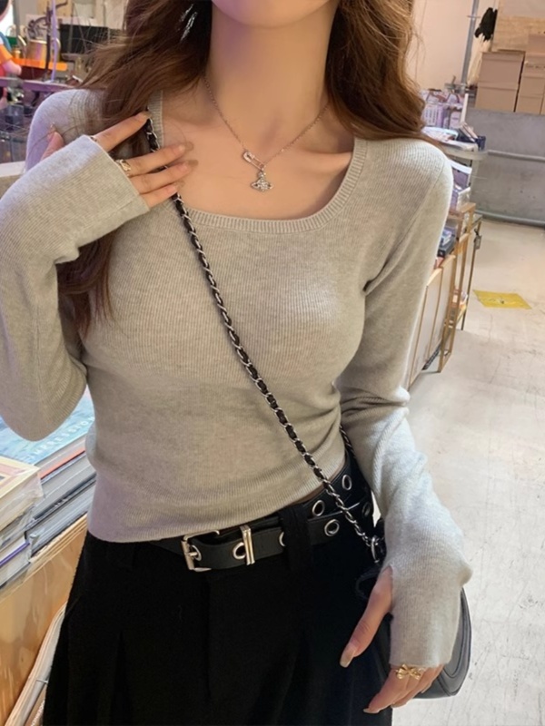 Square collar bottoming shirt for women 2024 autumn new top high-end gray sweater slim knitted sweater for autumn and winter