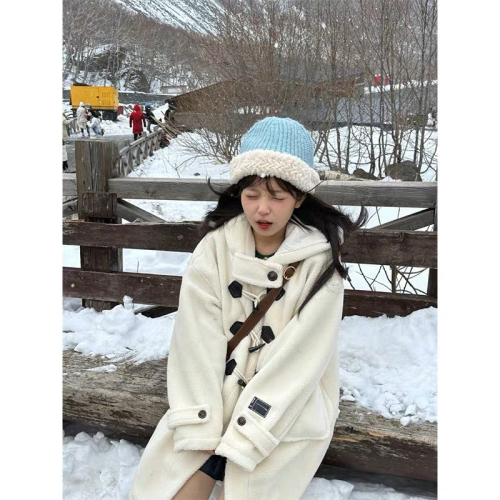 Lamb hair horn button coat for women winter mid-length retro loose gentle style velvet thickened coat