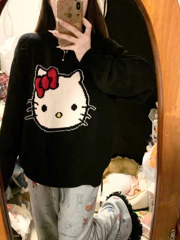 Lazy style Kate cat embroidered round neck sweater for female students autumn and winter new loose soft waxy pullover sweater pajamas